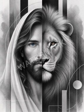 Split Portrait Lion and Jesus Canvas Framed Wall Art Print in Gray and White